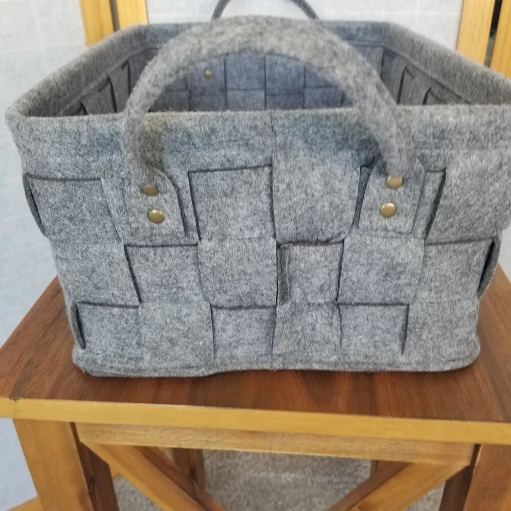 Large Flannel Felt Basket with Handle Gray Woven Set of Two 15